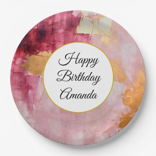 ブラシ芸術的ストローク金ゴールドとピンク誕生日 ペーパープレート (正面)