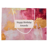 ブラシ芸術的ストローク金ゴールドとピンク誕生日 ラージペーパーバッグ (裏面)