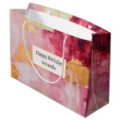 ブラシ芸術的ストローク金ゴールドとピンク誕生日 ラージペーパーバッグ (裏面アングル)