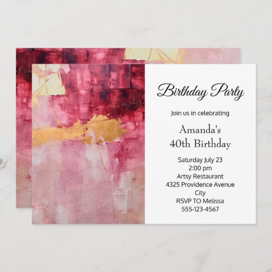 ブラシ芸術的ストローク金ゴールドとピンク誕生日 招待状 (正面/裏面)