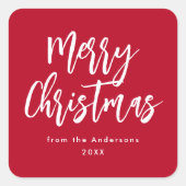 ブラシ赤と白スクリプトメリークリスマス スクエアシール (正面)