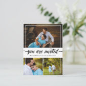 ブラシ魅力的スクリプトフォトコラージュ結婚式の招待 案内ポストカード (スタンド正面)