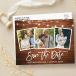 ブラシScript Wood Lights 3 Photo Save The Date ポストカード<br><div class="desc">ブラシモダンスクリプ素朴ト、木材と文字列のライト、日付を保存婚約カップル3写真はがき</div>