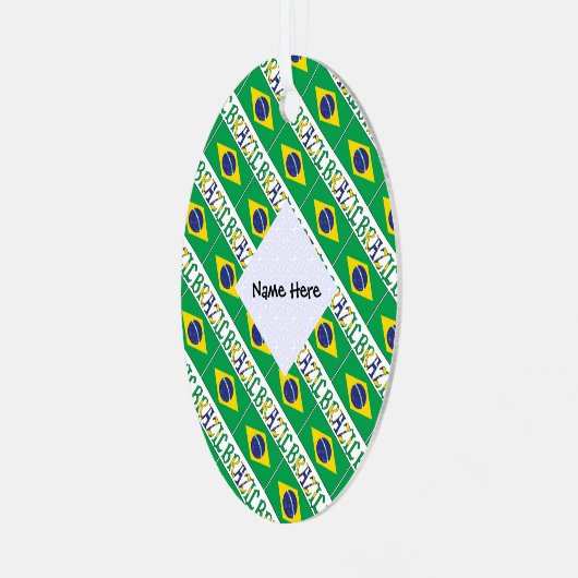 ブラジルとブラジル国旗があなたの名前で並ぶ メタルオーナメント (正面左)