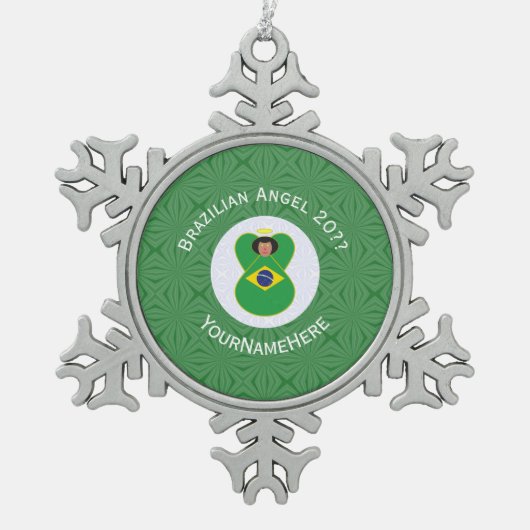 ブラジルのクリスマスエンジェルパーソナライズされた旗 スノーフレークピューターオーナメント (正面)