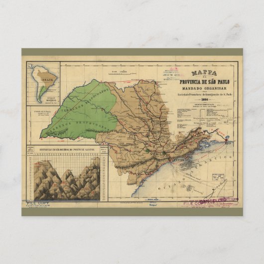 ブラジルのサンパウロの地図（1886年） ポストカード (正面)