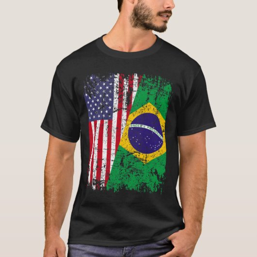 ブラジルのルーツハーフアメリカ国旗ブラジルTシェル Tシャツ (正面)