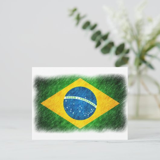 ブラジルの国旗の鉛筆画と絵の具 ポストカード (スタンド正面)