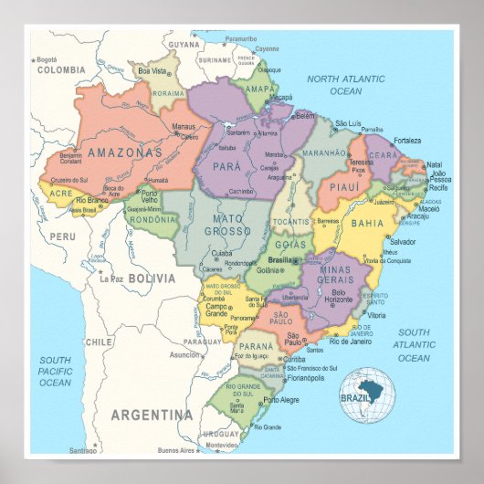 ブラジルの詳細地図 ポスター (正面)