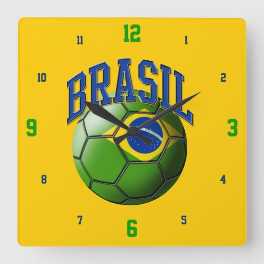 ブラジルサッカーボール時計国旗 スクエア壁時計 (正面)