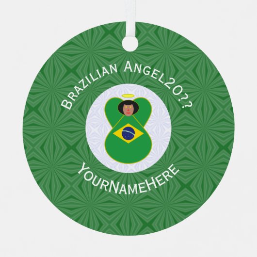 ブラジル国旗のエンジェル年お名前ラウンド メタルオーナメント (正面)