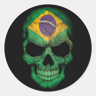 ブラジル国旗のスカルオンブラック ラウンドシール