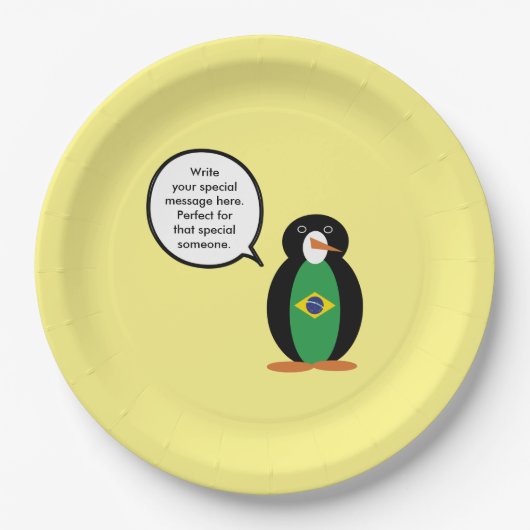 ブラジル国旗のペンギンさんカスタマイズ ペーパープレート (正面)