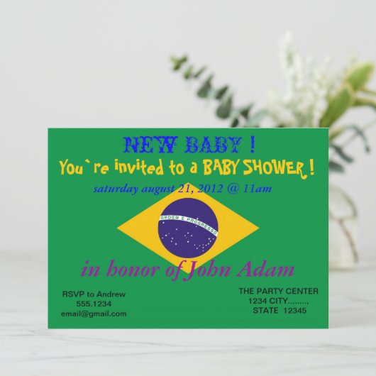 ブラジル国旗を掲げたベビーシャワー招待状 招待状 (スタンド正面)