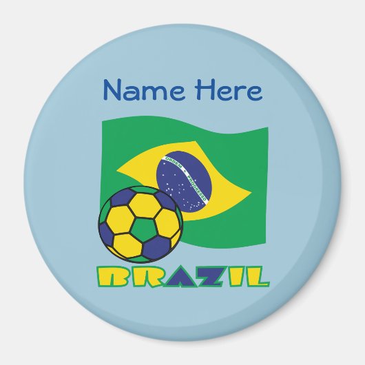 ブラジル国旗サッカーボール 青い名前入れ マグネット (正面)