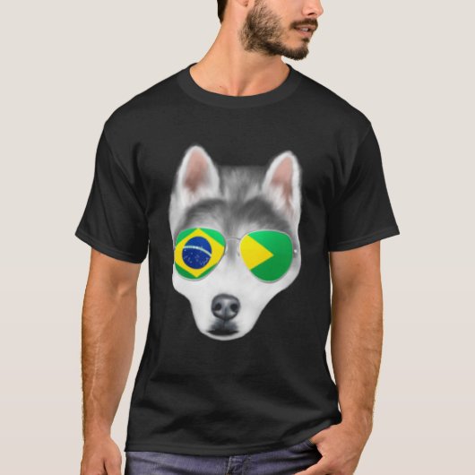 ブラジル国旗シベリアのハスキー犬ブラジルのポケット Tシャツ (正面)