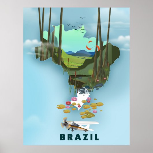 ブラジル地図 イラスト入り旅行ポスター ポスター (正面)