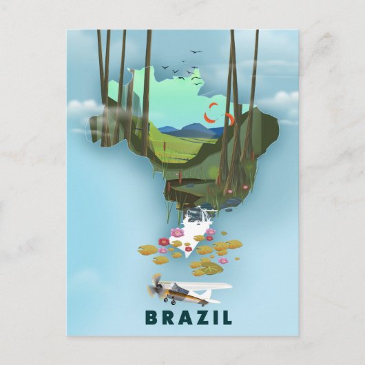 ブラジル地図 イラスト入り旅行ポスター ポストカード (正面)