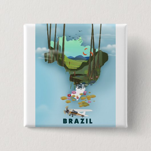ブラジル地図 イラスト入り旅行ポスター 缶バッジ (正面)