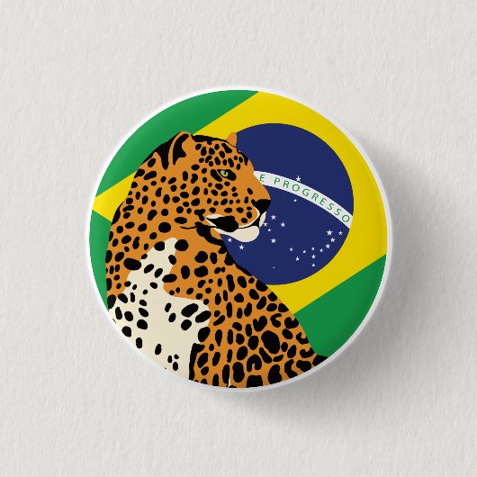 ブラジル・ジャガー・ブラジル国家動物国旗 缶バッジ (正面)