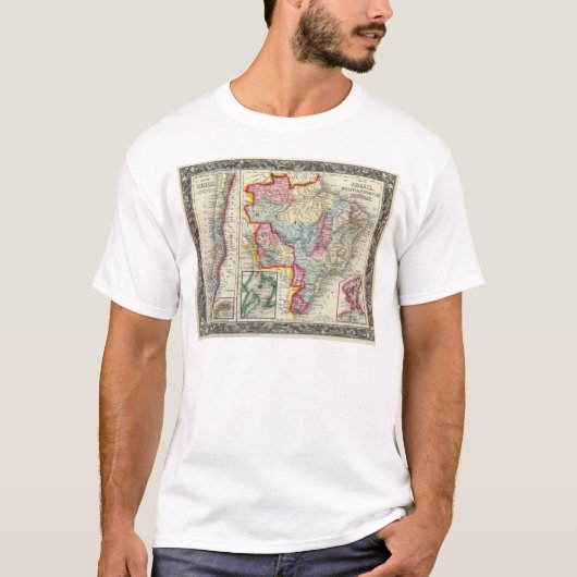 ブラジル、ボリビア、パラグアイおよびウルグアイの地図 Tシャツ (正面)