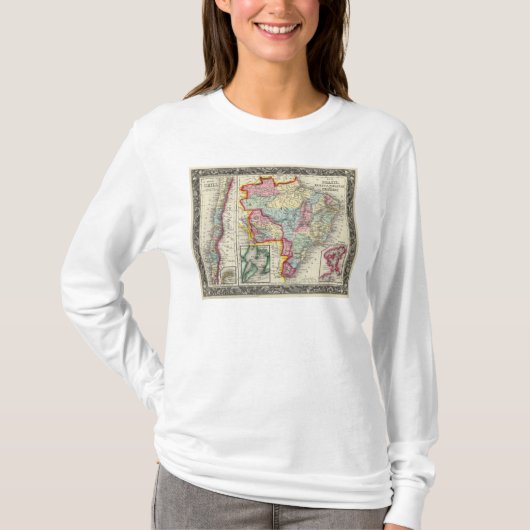 ブラジル、ボリビア、パラグアイおよびウルグアイの地図 Tシャツ (正面)