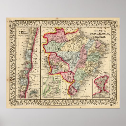 ブラジル、ボリビア、パラグアイ、ウルグアイの地図と旅行に出かけよう。 ポスター (正面)