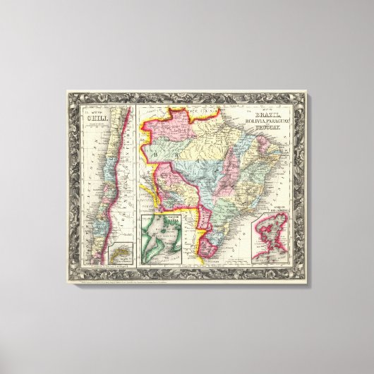 ブラジル、ボリビア、パラグアイ、ウルグアイの地図 キャンバスプリント (正面)