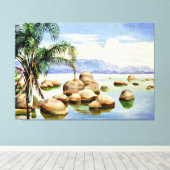 ブラジル、リオ湾のヤシの木と大きい石 キャンバスプリント (インサイチュ (ウッドフロア))