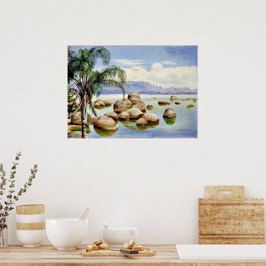 ブラジル、リオ湾のヤシの木と大きい石 ポスター (キッチン)