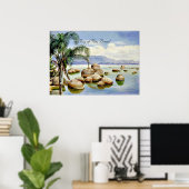 ブラジル、リオ湾のヤシの木と大きい石 ポスター (ホームオフィス)