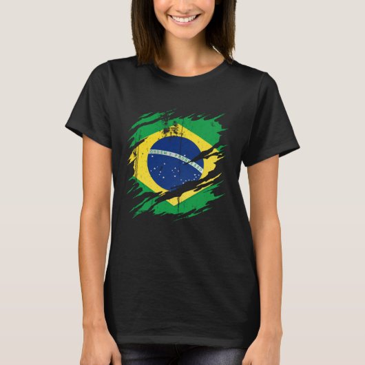 ブラジ誇りを持ったルが破れたブラジル国旗 Tシャツ (正面)