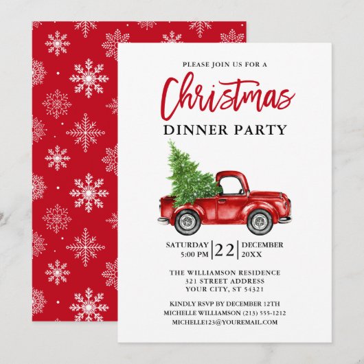 ブラスクリプト 赤いトラック 雪の結晶 クリスマスパーティー 招待状 (正面/裏面)