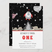 ブラストオフロケット船および宇宙第1誕生日 招待状 (正面/裏面)