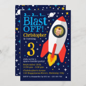 ブラストオフ宇宙テーマ子供の誕生日パーティー写真 招待状 (正面/裏面)