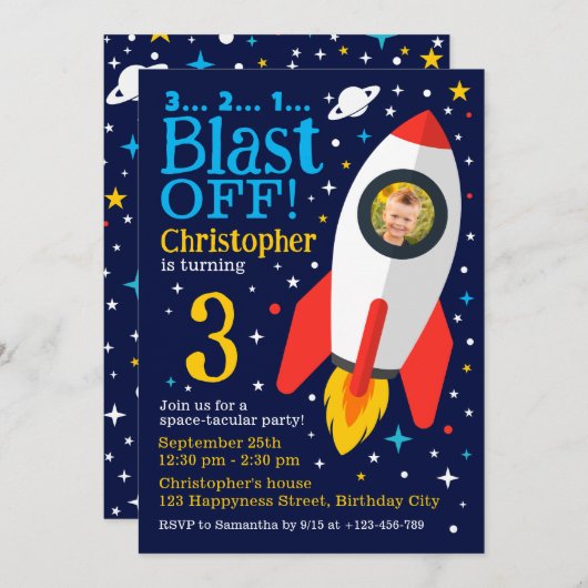 ブラストオフ宇宙テーマ子供の誕生日パーティー写真 招待状 (正面/裏面)