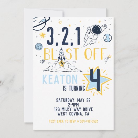 ブラストオフ宇宙誕生日招待状 招待状 (正面)