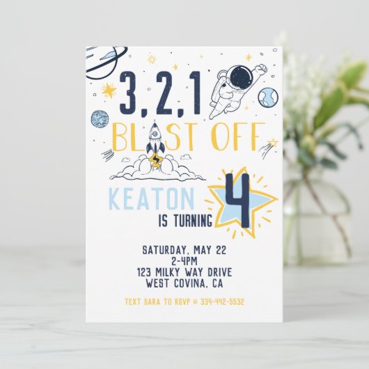 ブラストオフ宇宙誕生日招待状 招待状 (スタンド正面)