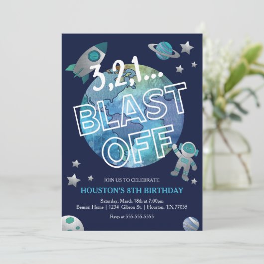 ブラストオフ宇宙誕生日招待状 招待状 (スタンド正面)
