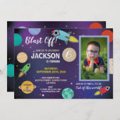 ブラストオフ宇宙銀河系誕生日パーティロケットフォト 招待状 (正面/裏面)