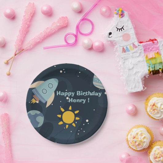 ブラストオフ最初ののまわりに旅の太陽の最初の誕生日 ペーパープレート (パーティー)