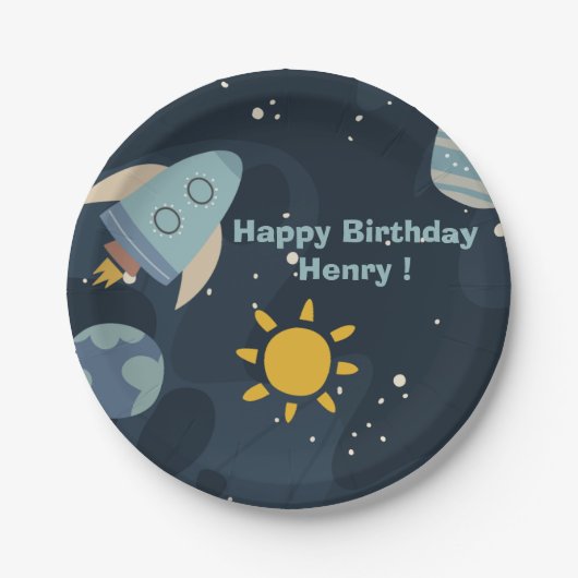 ブラストオフ最初ののまわりに旅の太陽の最初の誕生日 ペーパープレート (正面)