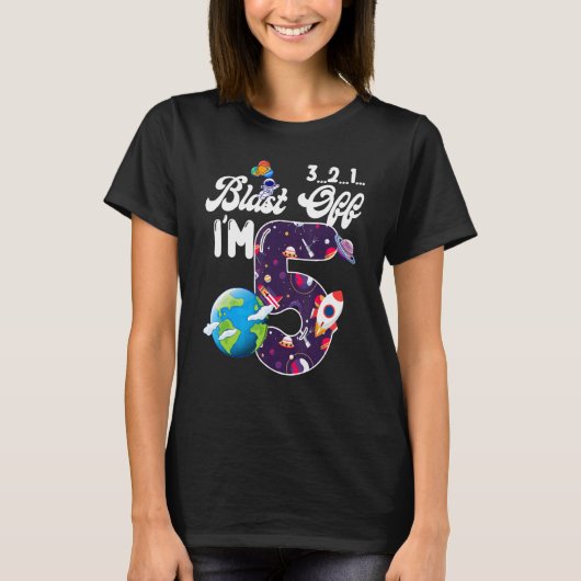 ブラスト・オフ私は5歳の誕生日宇宙Sci Tシャツ (正面)