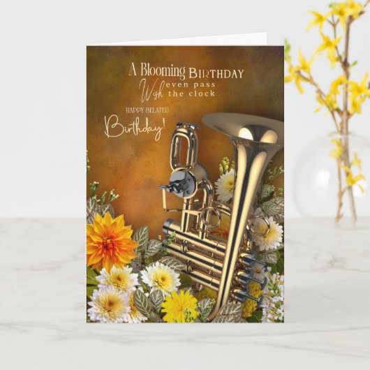 ブラス楽器の音楽テーマ遅れてしまった誕生日カード カード (黄色い花)