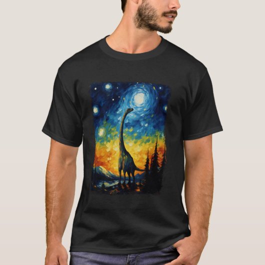 ブラチオサウルス恐竜の星空絵を描夜 Tシャツ (正面)