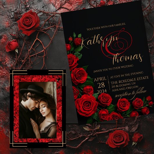 ブラッエレガントクアンドレッドローズ結婚式招待状 招待状