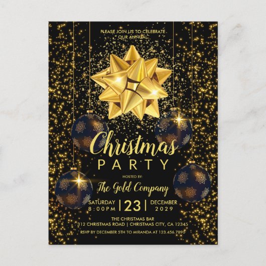 ブラッエレガントク金ゴールドクリスマスパーティの招待状 インビテーションポストカード (正面)