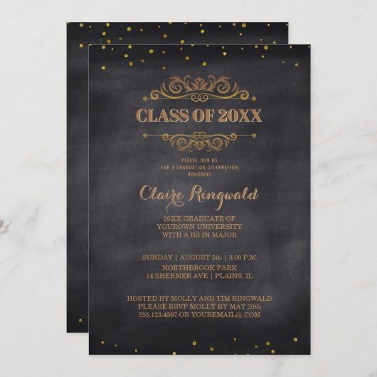 ブラッエレガントク金ゴールドヴィンテージクラシー卒業パーティー 招待状 (正面/裏面)