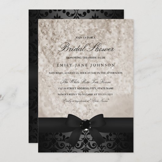 ブラッエレガントク&アイボリーボウブライダルシャワー招待状 招待状 (正面/裏面)