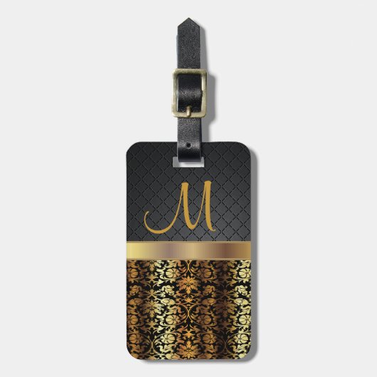 ブラッエレガントク&金ゴールドダマスクパターンデザイン ラゲッジタグ (正面縦)